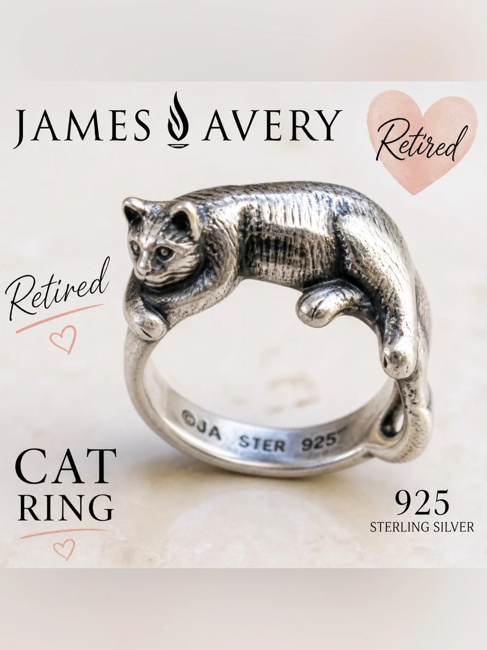 RARE James Avery Retired Cat Ring 925 Sterling Silver Animal Wrap Ring
